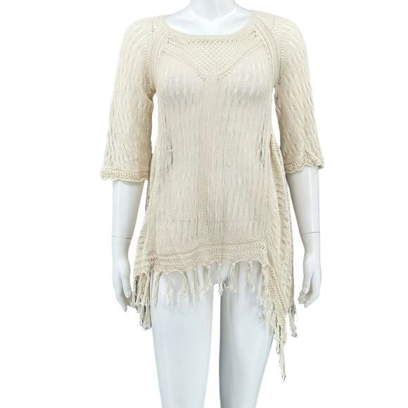 Angel of the North Top Womens Medium Tan Knit‎ Fringe Sheer Beachy Boho Festival - Picture 1 of 9